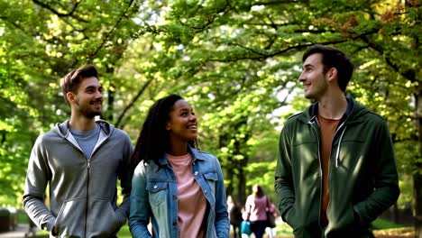 young multiethnic friends walking in a park in spring.