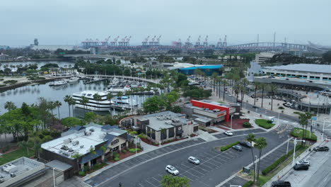 Long-Beach,-California-over-Pine-Avenue-Pier---panoramic-aerial-view-of-the-port-and-harbor