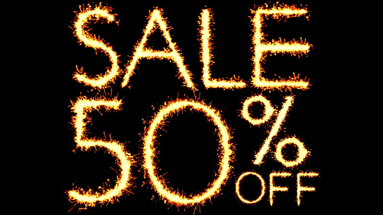 50% de descuento en el texto, el brillo, las chispas, la animación del bucle de fuegos artificiales.