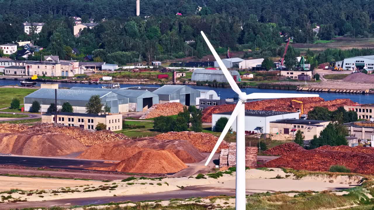 Wind power plant in rural village, Aerial closeup