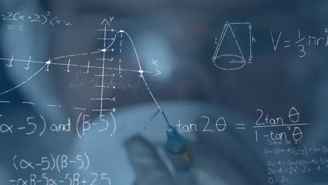 Animation-Mathematischer-Gleichungen-über-Einer-Wissenschaftlerin,-Die-Eine-Spritze-Hält