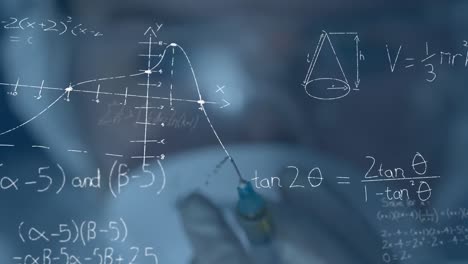 animation of mathematical equations over female scientist holding syringe