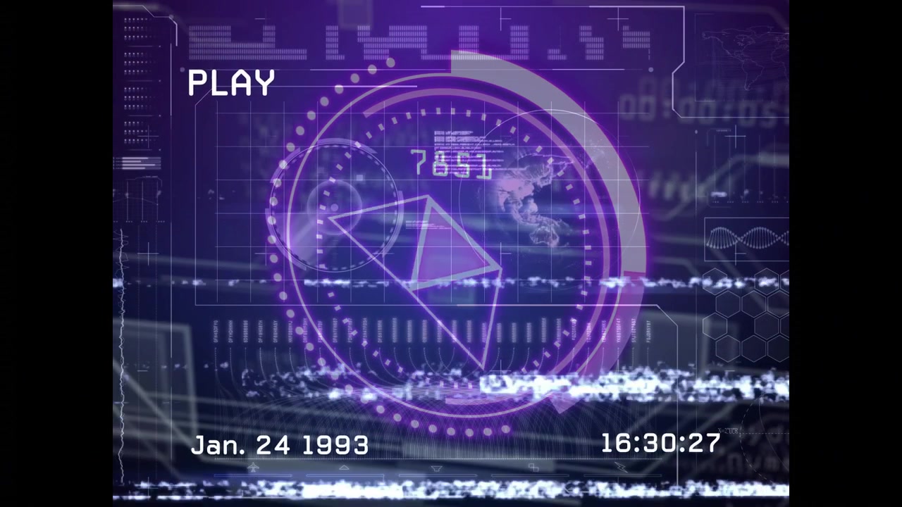 PLAY starting playback, purple HUD rotating arc changing numbers while timecode 1 or 24 or 1993 adva