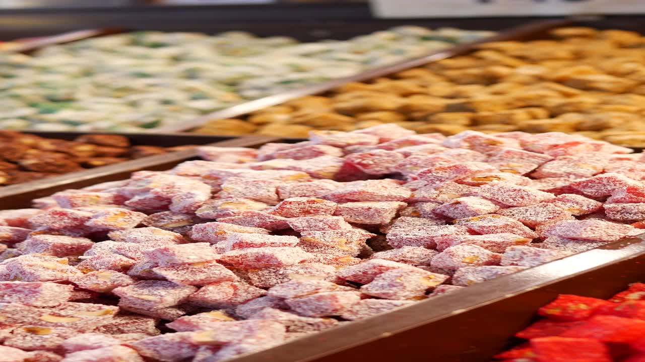 Colorful Display of Turkish Delight at a Market
