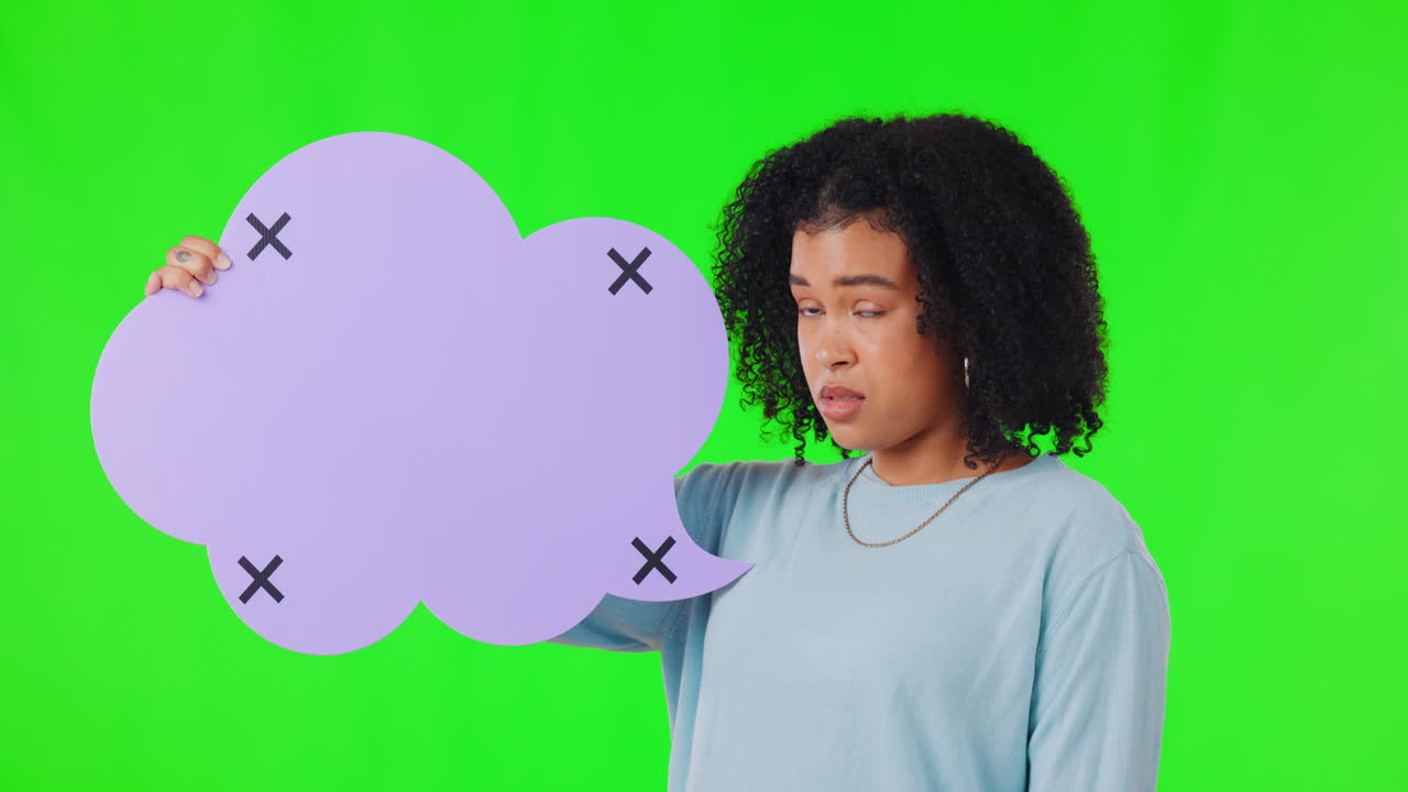 Face, green screen and woman with a speech bubble