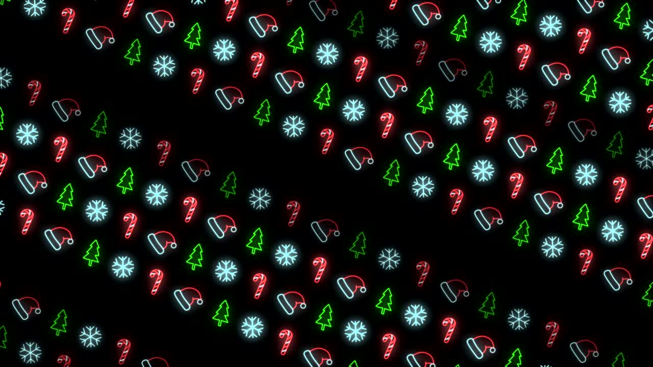 fondo de patrón de navidad de neón estroboscópico de copo de nieve de árbol de navidad de sombrero de santa y bastón de caramelo en animación de bucle rojo, blanco y negro estroboscópico