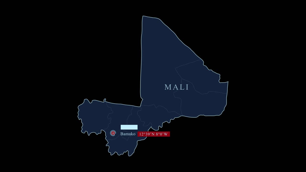 mapa azul de mali con la capital bamako y las coordenadas geográficas en fondo negro