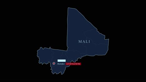 Mapa-Azul-De-Malí-Con-La-Capital-De-Bamako-Y-Coordenadas-Geográficas-Sobre-Fondo-Negro