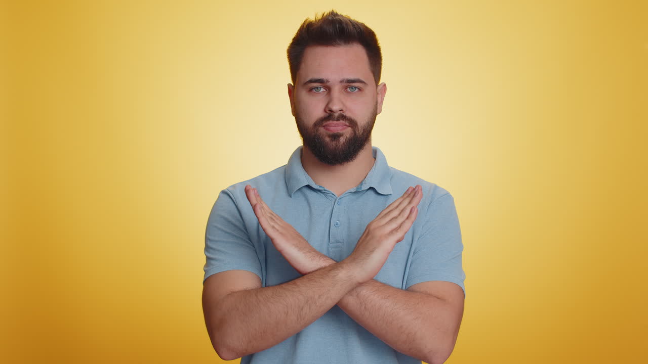 Confused displeased surprised caucasian man pointing fingers hisself rejection refusal stop sign