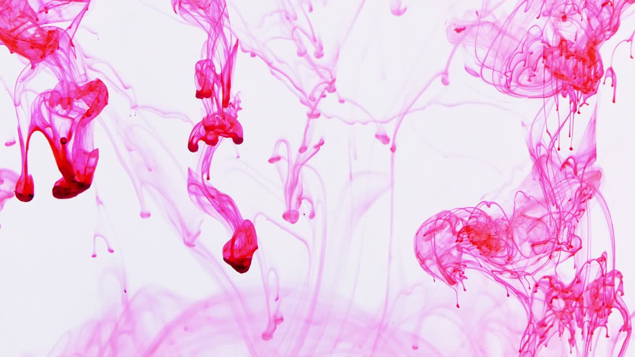 4k imágenes de coloridas gotas de tinta rosada en el agua, fondo abstracto aislado. verter tinta en el agua. mezcla de pintura submarina. giros lentos de tinte psicodélico, explosión de humo de color. salpicaduras, líquido flotante