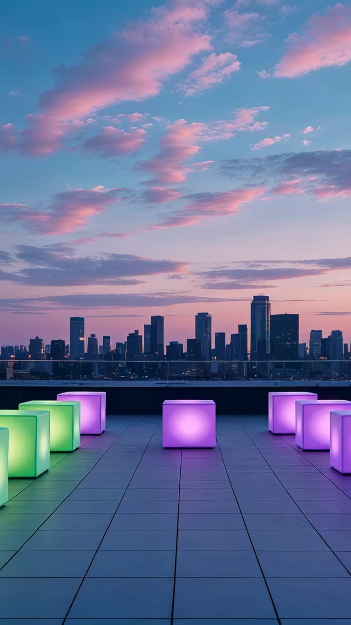 Vertical video: Showing rooftop terrace featuring glowing LED cubes at dusk, emphasizing ambiance