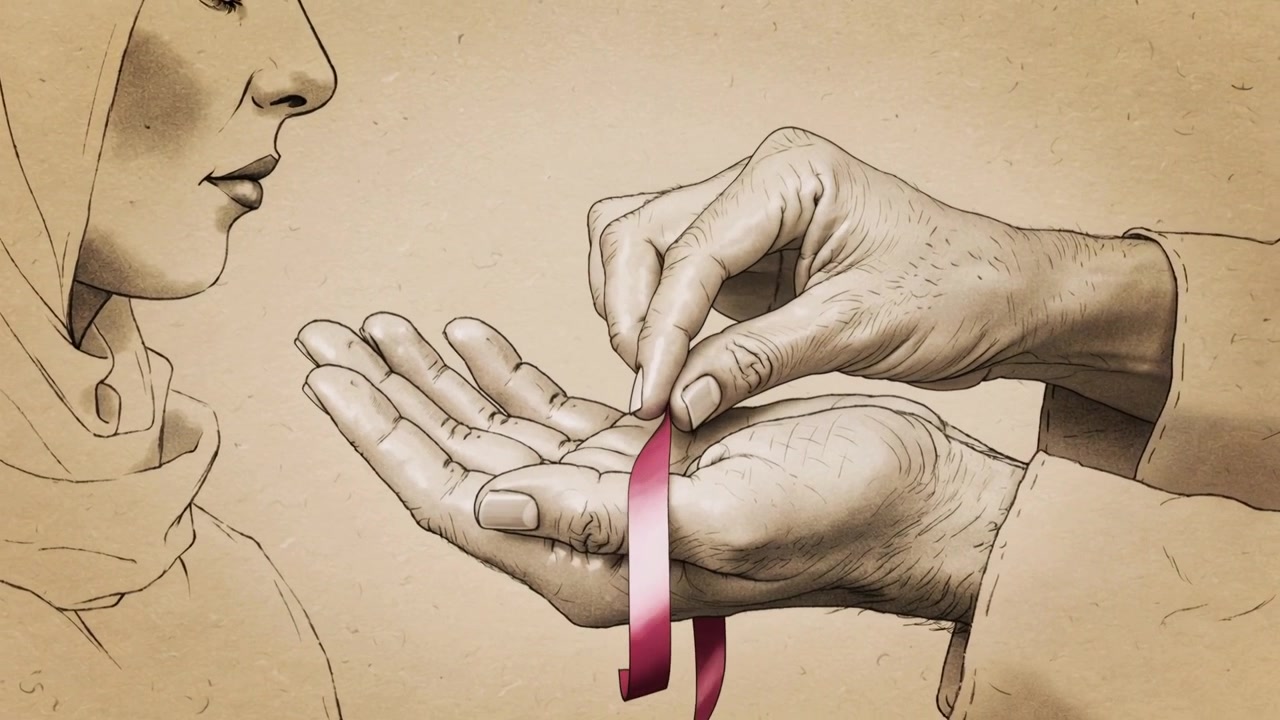 Approaching hands offering pink ribbon right, headscarf woman receiving on sepia paper as support