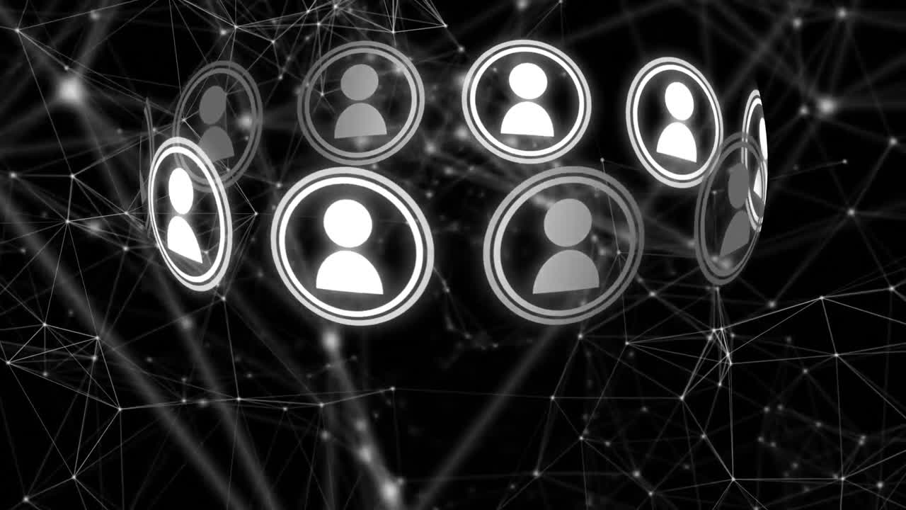 animación de la red de conexiones con iconos en el espacio negro digital