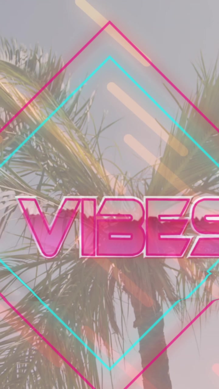 Animation af ordene good vibes only i pink med diamant og bevægelige linjer over en solbeskinnet palme