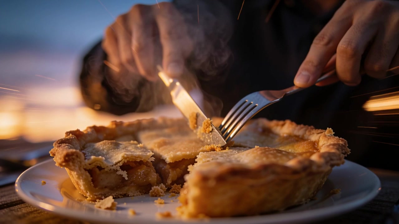 Cutting hands wearing dark jacket entering frame, slicing pie at wood table with knife to serve