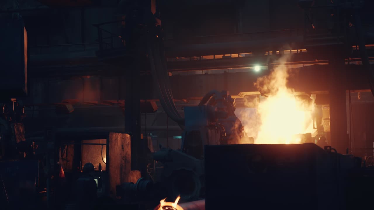 Production process of cast iron water pipes at industrial steel mill. Metallurgical foundry factory with press forming machines for manufacturing tubing. Heavy industry interior background