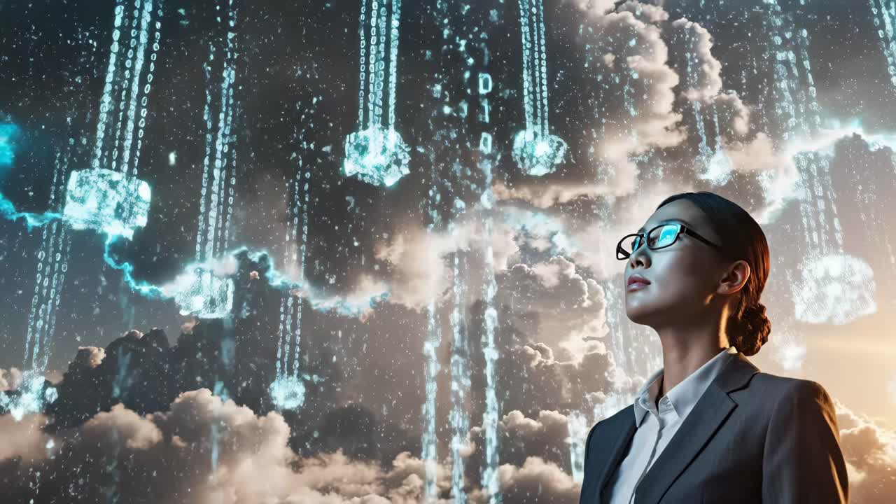 Woman Looking at Data Stream in Clouds