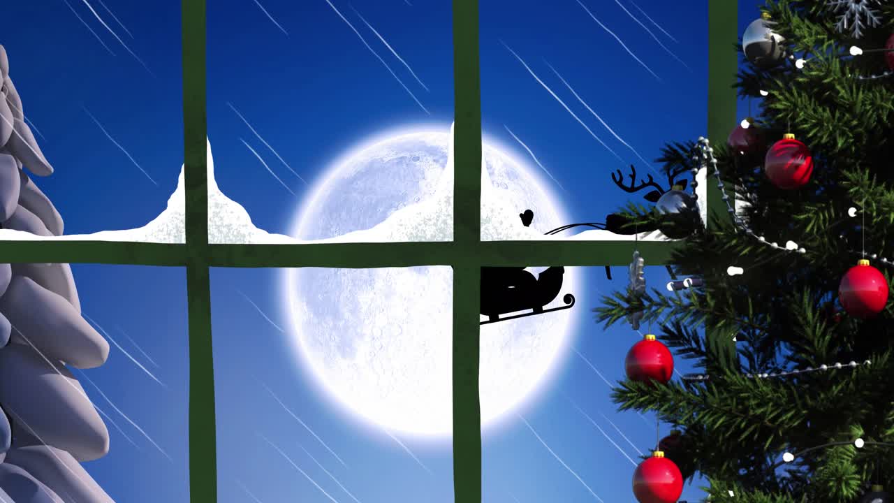 산타클로스가  ⁇ 매를 타고 렌더와 함께 창문을 통해 보이는 애니메이션