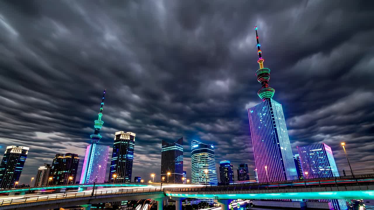 극적인 폭풍 아래의 밤의 도시 풍경