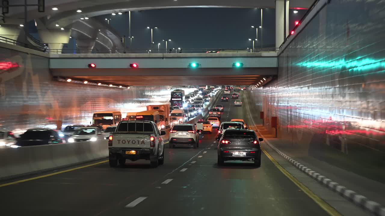Evening rush hour brings slow-moving traffic to the streets of Dubai, UAE