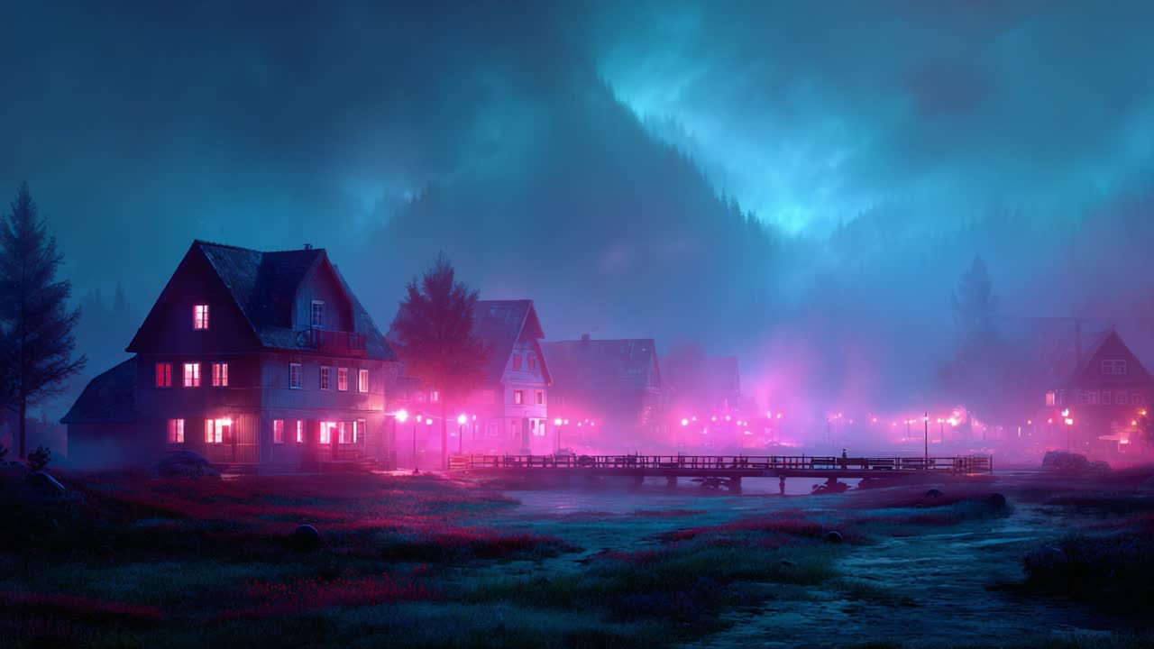 A Misty Evening in a Quaint Village, Illuminated by Soft Pink Lights, Where Cozy Homes Stand Under a Dramatic Sky with Mountains Looming in the Distance