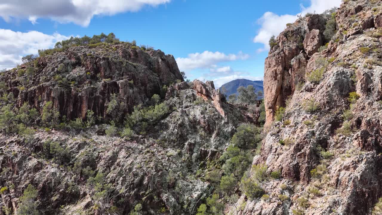 Drone camera glides above rugged cliffs and forested gorge under bright daylight, revealing dramatic rock formations and expansive wilderness in clear, natural light