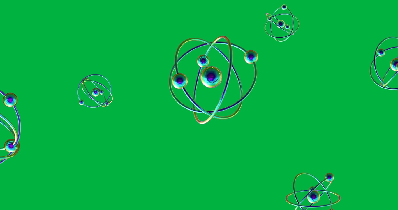 Animation of spinning atom icons over transparent background