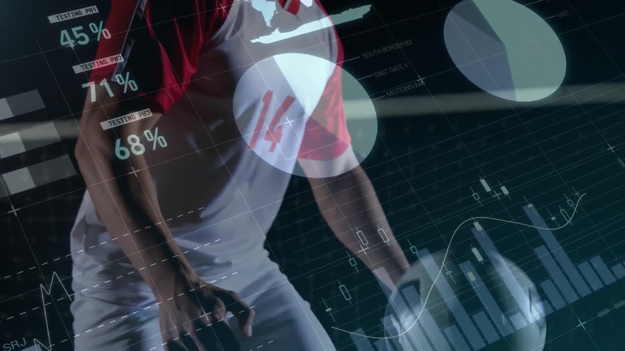 animación del procesamiento de datos financieros sobre el jugador de fútbol caucásico.