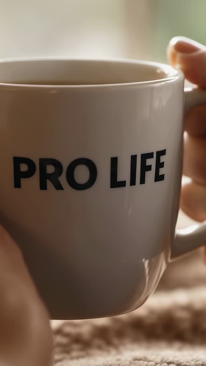 Video verticale: mani di adulto che ruotano centrando la tazza con la scritta PRO LIFE vicino alla finestra, mantenendo il testo rivolto verso lo spettatore