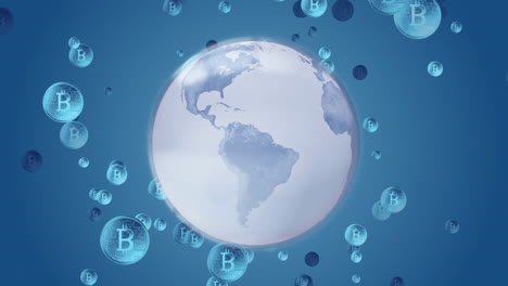 animación de la salida de bitcoins sobre un globo giratorio contra un fondo azul