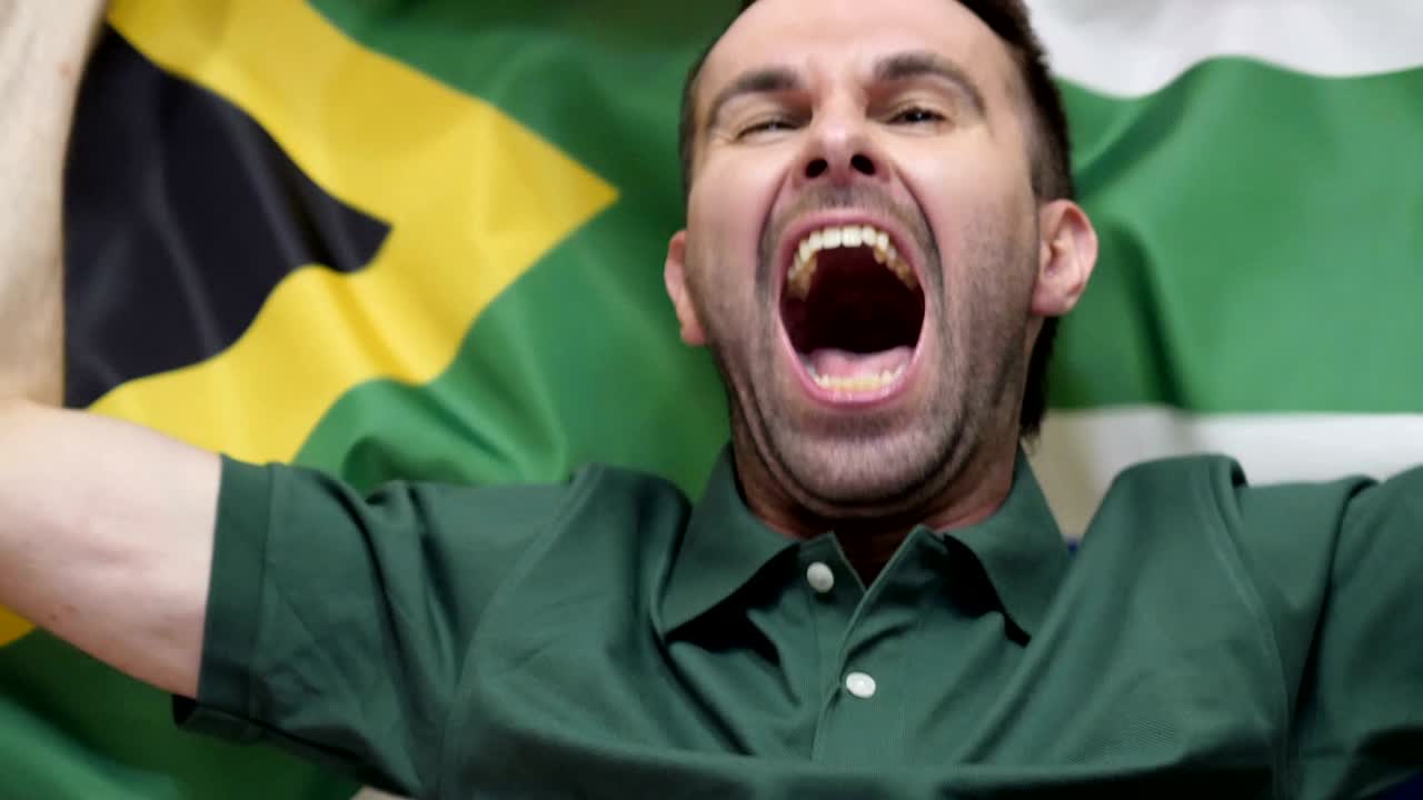 un aficionado sudafricano celebra sosteniendo la bandera de sudáfrica en cámara lenta,4k, de alta calidad