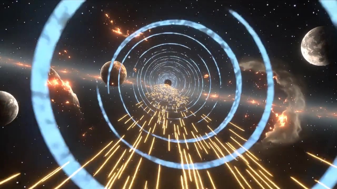 Telecamera che entra in un tunnel ad anelli nello spazio, anelli blu che si stringono, scie dorate che si proiettano per raggiungere il vortice