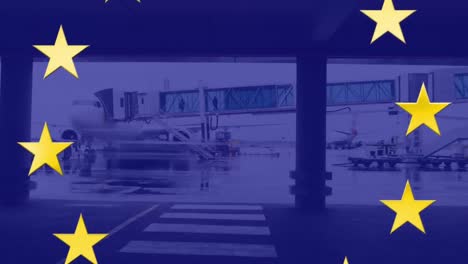 yellow stars spinning over blue background against airport runaway