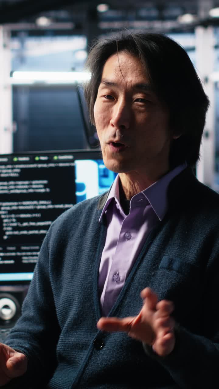 Vertical video Data center admin waving hand, filming presentation tour, showcasing AI