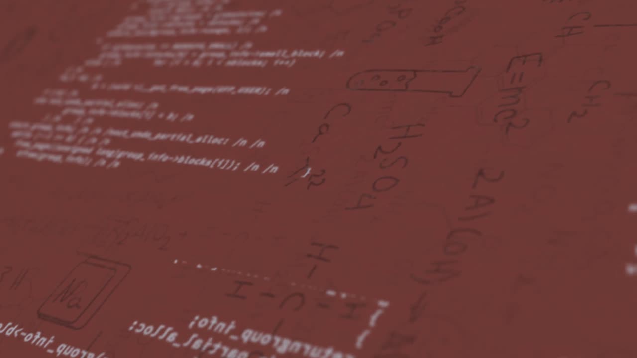 animación del procesamiento de datos científicos sobre iconos químicos en fondo rojo