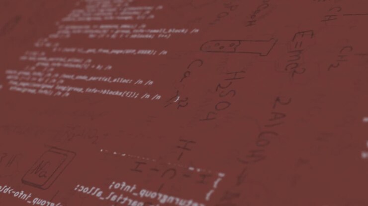 Animazione di elaborazione di dati scientifici su icone chimiche su sfondo rosso