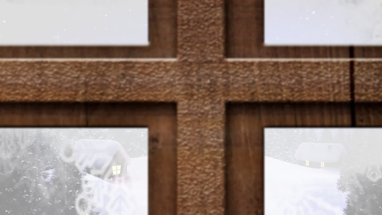 Digital animation of christmas tree and wooden window frame against snow falling on winter landscape