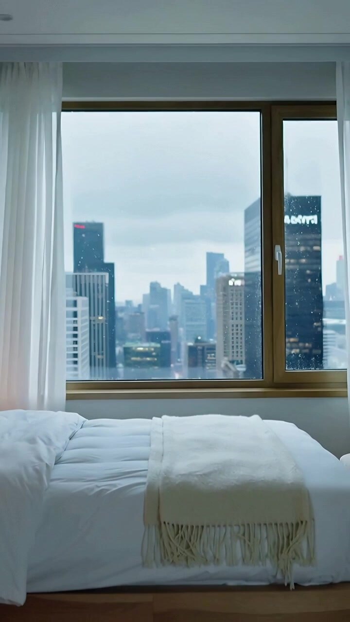 Vertical video: Sliding sheer curtains revealing cloudy skyline in high-rise bedroom, wooden bed