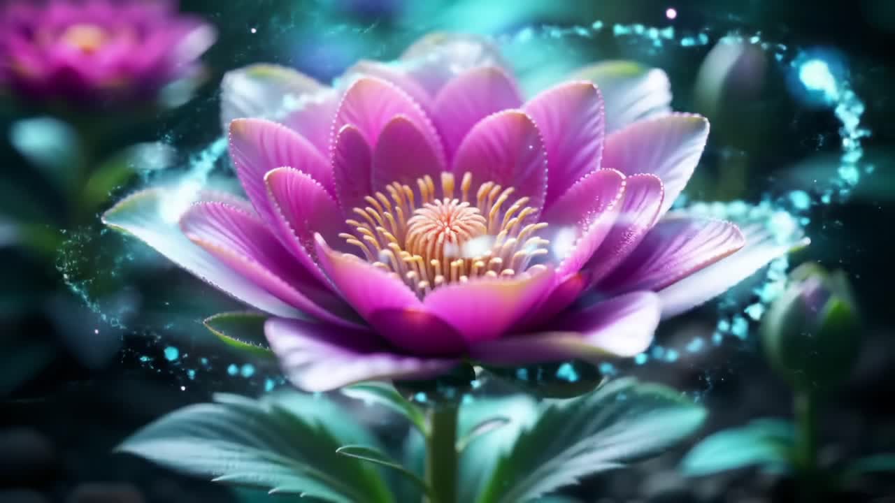 A Stunning Bloom: Captivating Close-Up of a Vibrant Purple Flower Surrounded by Glimmering Particles in a Dreamlike Environment