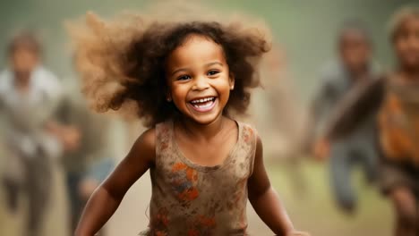 happy child with curly hair running alongside friends, radiating pure joy and freedom, with a genuine smile lighting up the face, capturing the essence of carefree childhood play