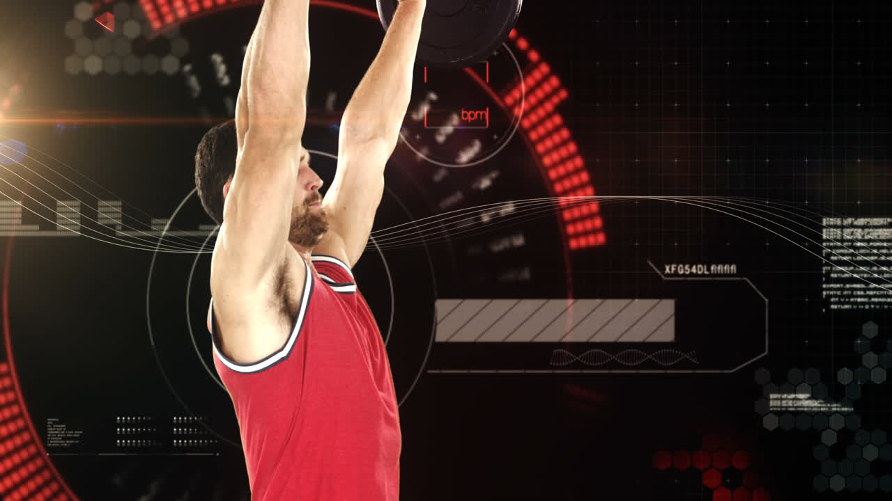 애니메이션 배경 에 무거운 바벨 무게 를 들어 올리는 보디빌더