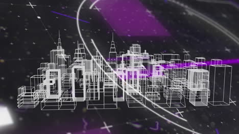 rutas de luz sobre el modelo de ciudad 3d girando contra partículas blancas en fondo negro