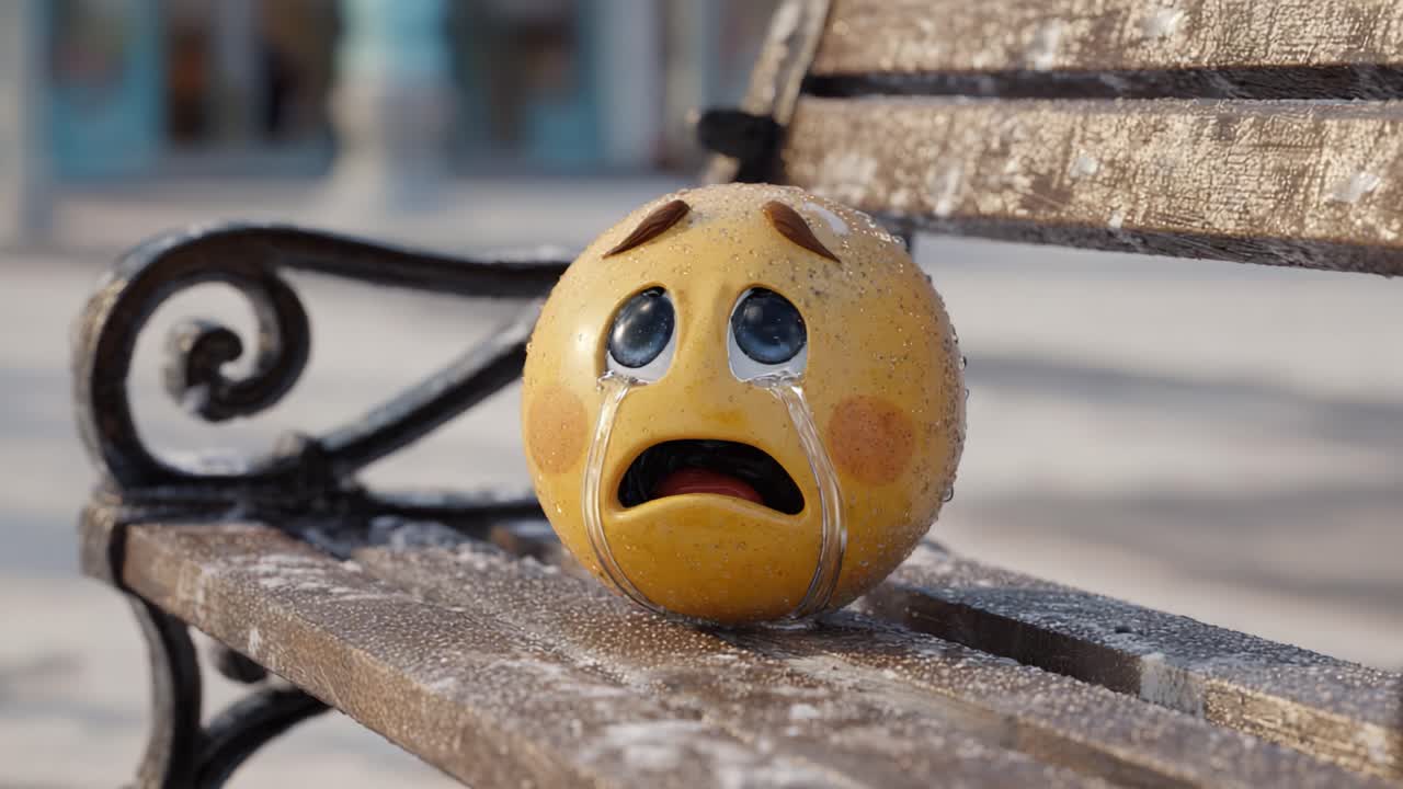 Una triste bola con cara sonriente sentada sola en un banco del parque, con lágrimas rodando por sus mejillas, evocando sentimientos de soledad y desamor en un entorno vacío.