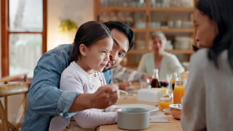 breakfast, kiss and father feeding girl cereal