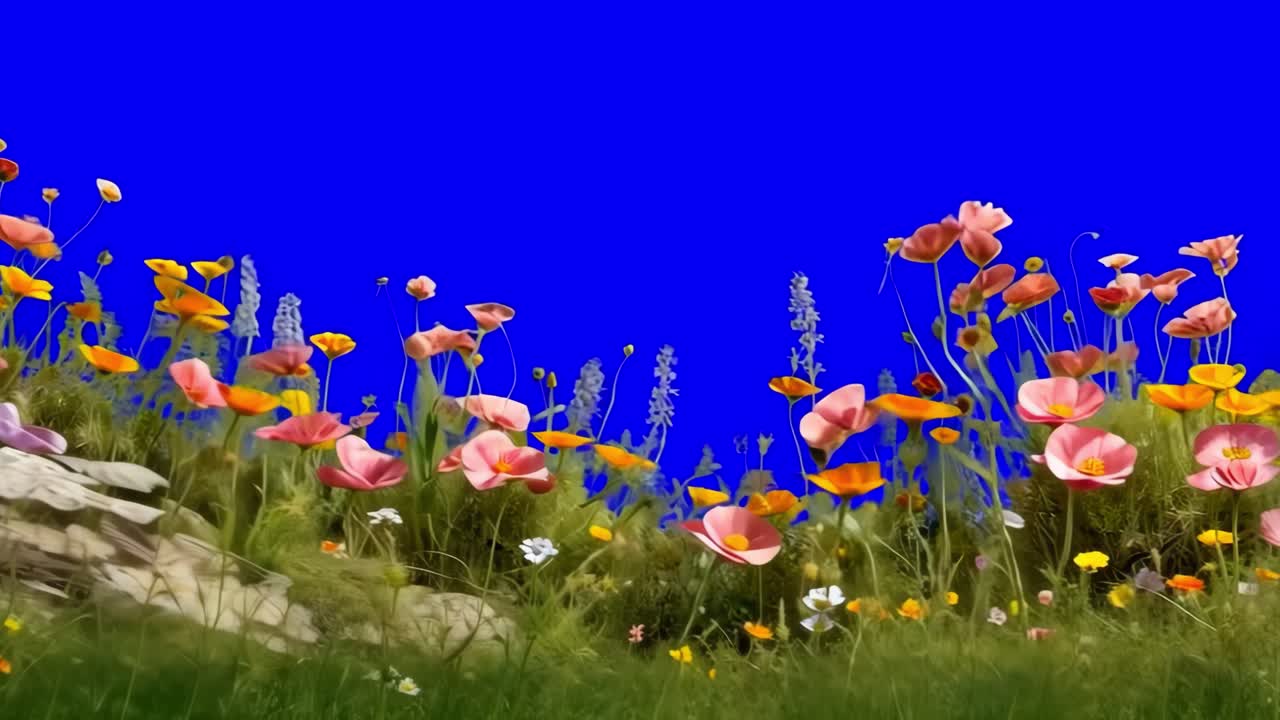 Vibrant wildflowers against sky animation, transparent 4K video, green screen