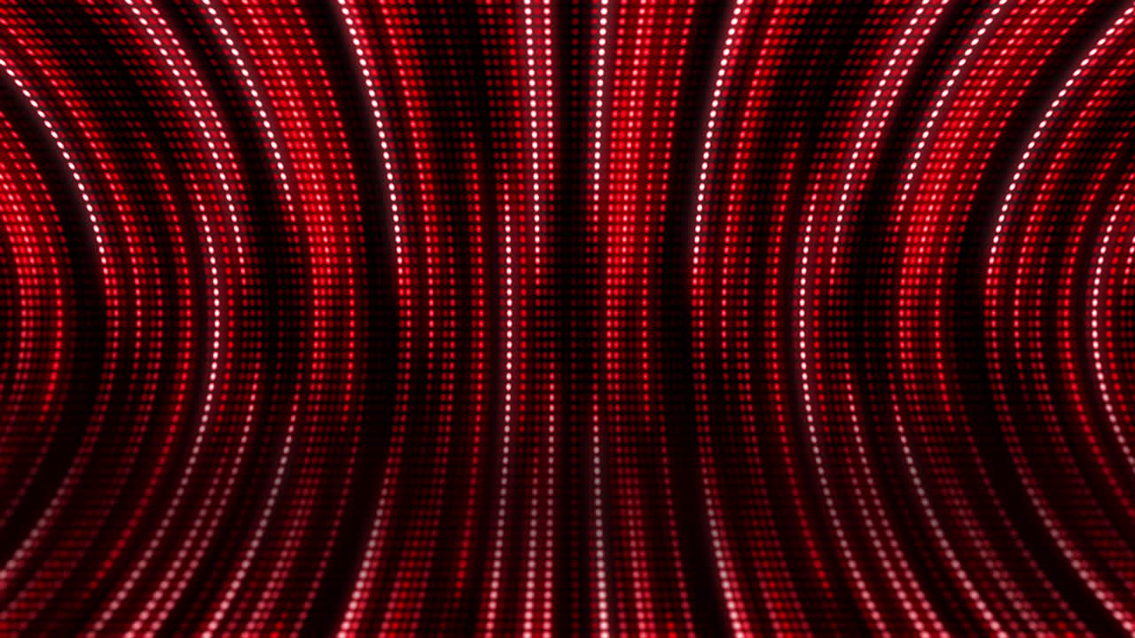 Light red neon glowing lines. Dynamic tunnel with round dots diodes. Looped retro animation screen. Abstract background.