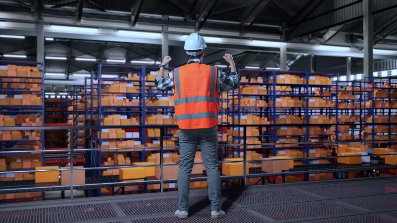 cuerpo completo vista trasera de ingeniero masculino asiático con casco de seguridad de pie levantando las manos celebrando trabajando en el almacén con estantes llenos de mercancías de entrega