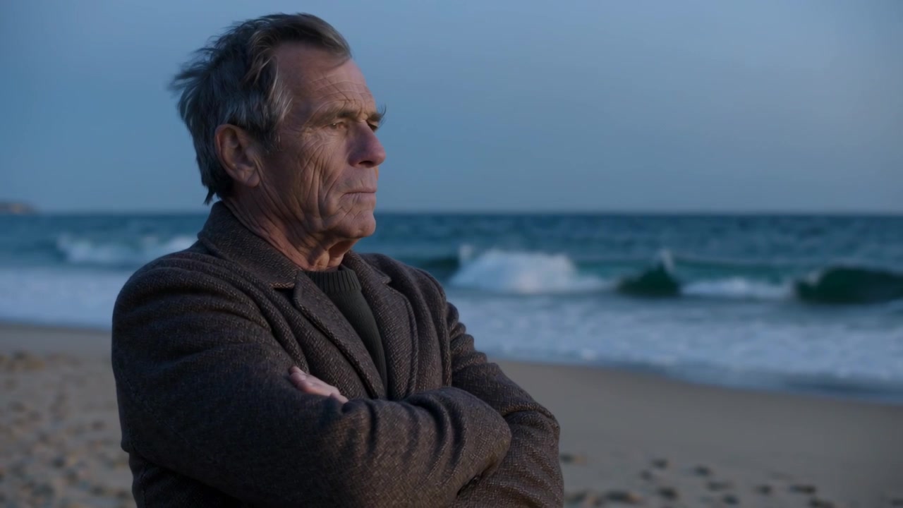 Uomo anziano di fronte, con le braccia incrociate, pensieroso mentre le onde si infrangono sulla spiaggia, indossa un cappotto, con spazio per il testo.