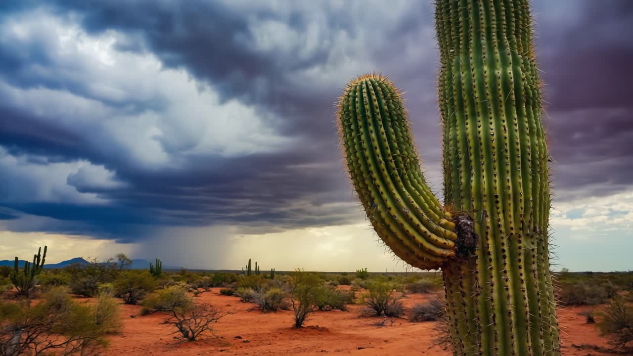 Desert Landscape with Saguaro Cactus and Approaching Storm