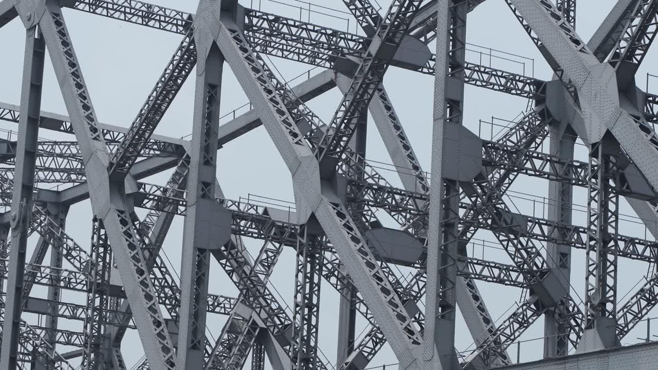 Close-up of a steel bridge truss structure